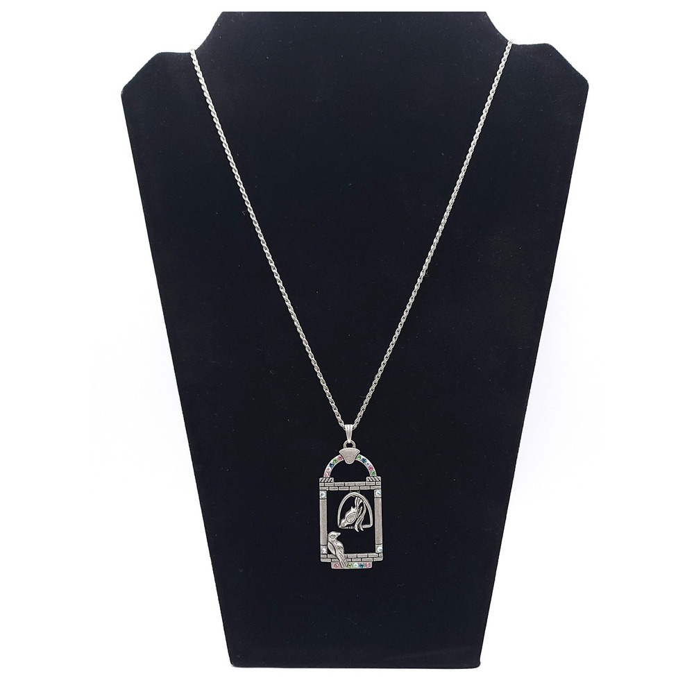 Vintage Silvertone Bird Cage Pendant Necklace Whimsical Boho Rhinestone 24"